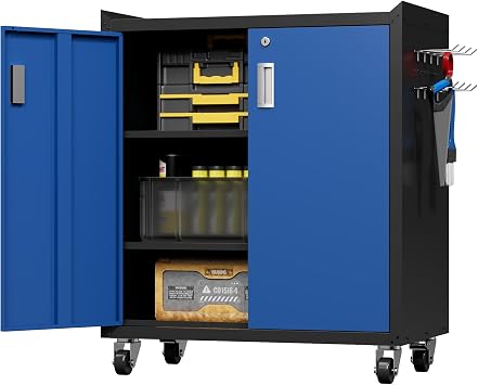 Baborokic Metal Garage Storage Cabinets with Lock and Wheels,Small Metal Storage Tools Cabinet with Locking Doors and Adjustable Shelves,Locker Organizer Steel Tool Cabinets for Garage,OfficeBlue