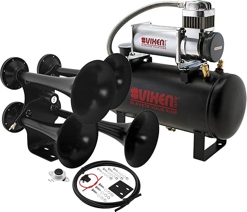 Vixen Horns Kit de cuerno de tren para camionescochessemi Sistema completo a bordo - Compresor de aire de 150 psi tanque de 2 galones 4 trompetas