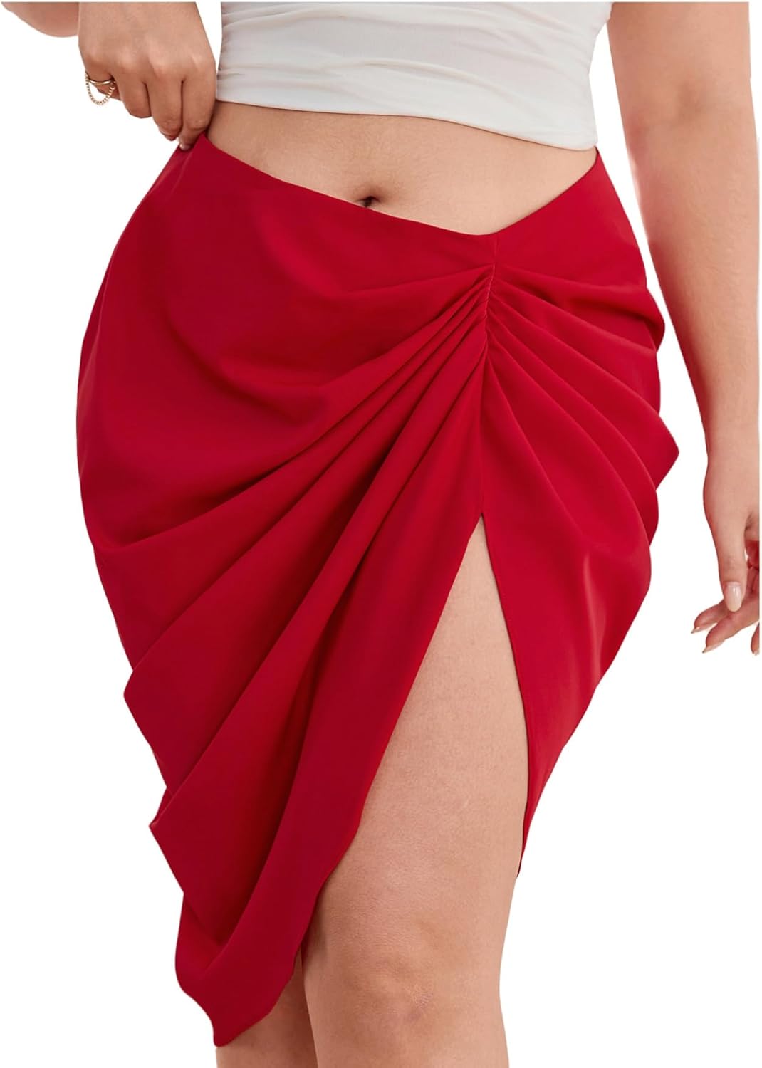 WDIRARA Women's Skirts Split Thigh Front Satin Skirt High Waist Ruched Zip Back WrapMidi Skirt