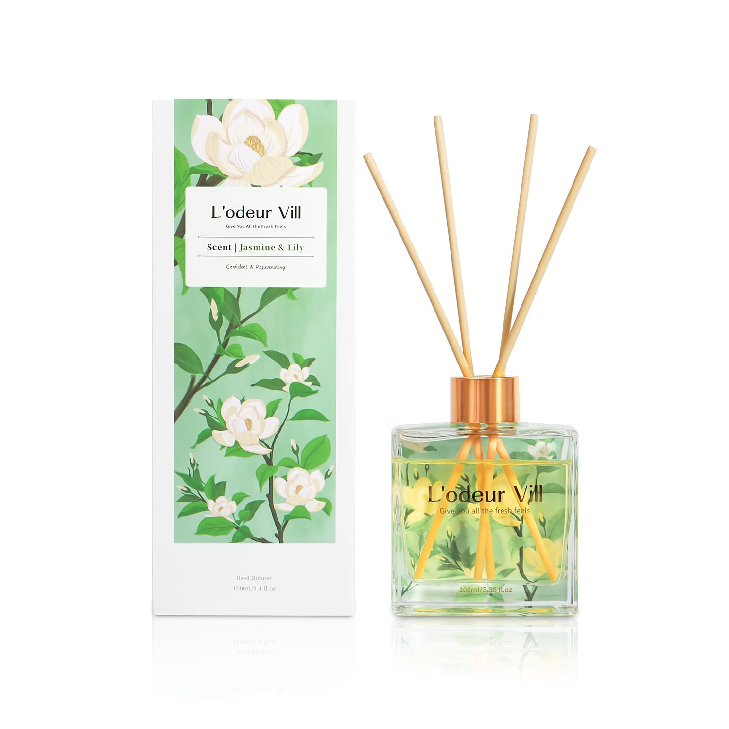 L'odeur Vill Profumatore per Ambienti,Gelsomino e giglio Profumatore per Ambienti con 6 Bastoncini di Fragranza, Diffusore di Fragranze per Bagno, Appartamento, Decorazione Della Casa, 100ml