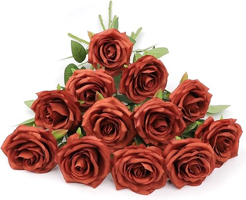 LVEFIT 12 rosas artificiales de seda de color naranja quemado, ramo de rosas de seda de tallo largo para bodas, despedidas de soltera, fiestas,