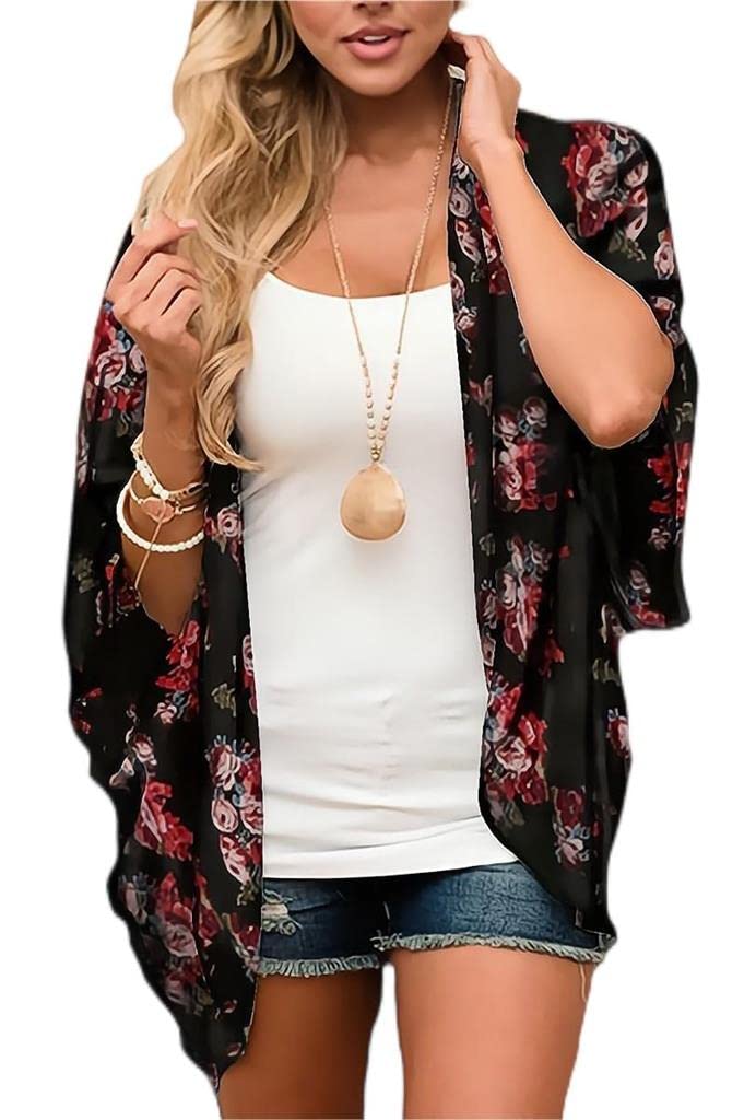 Camisunny Women Chiffon Printed Cardigan Kimono Robe Tops Beach Bikini Cover up Blouse