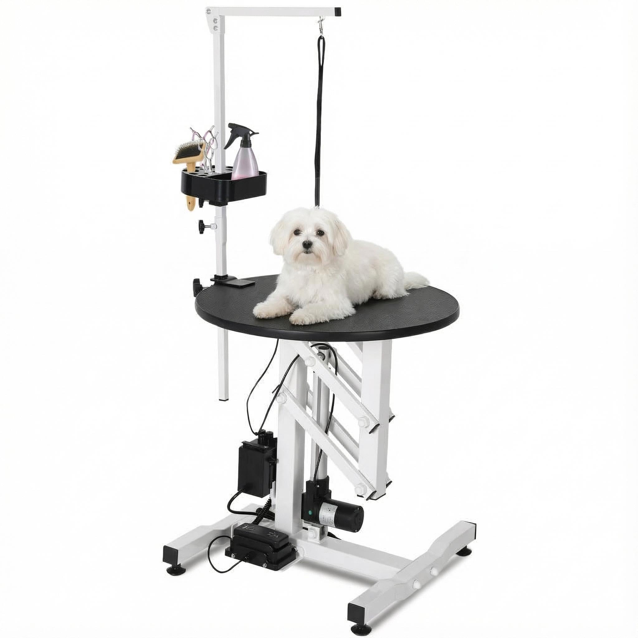 Tavolo elettrico per toelettatura cani da 61 cm, scrivania rotante per piccoli animali domestici, con braccio sopraelevato, telecomando a pedale, organizer per attrezzi, capacità 113,4 kg