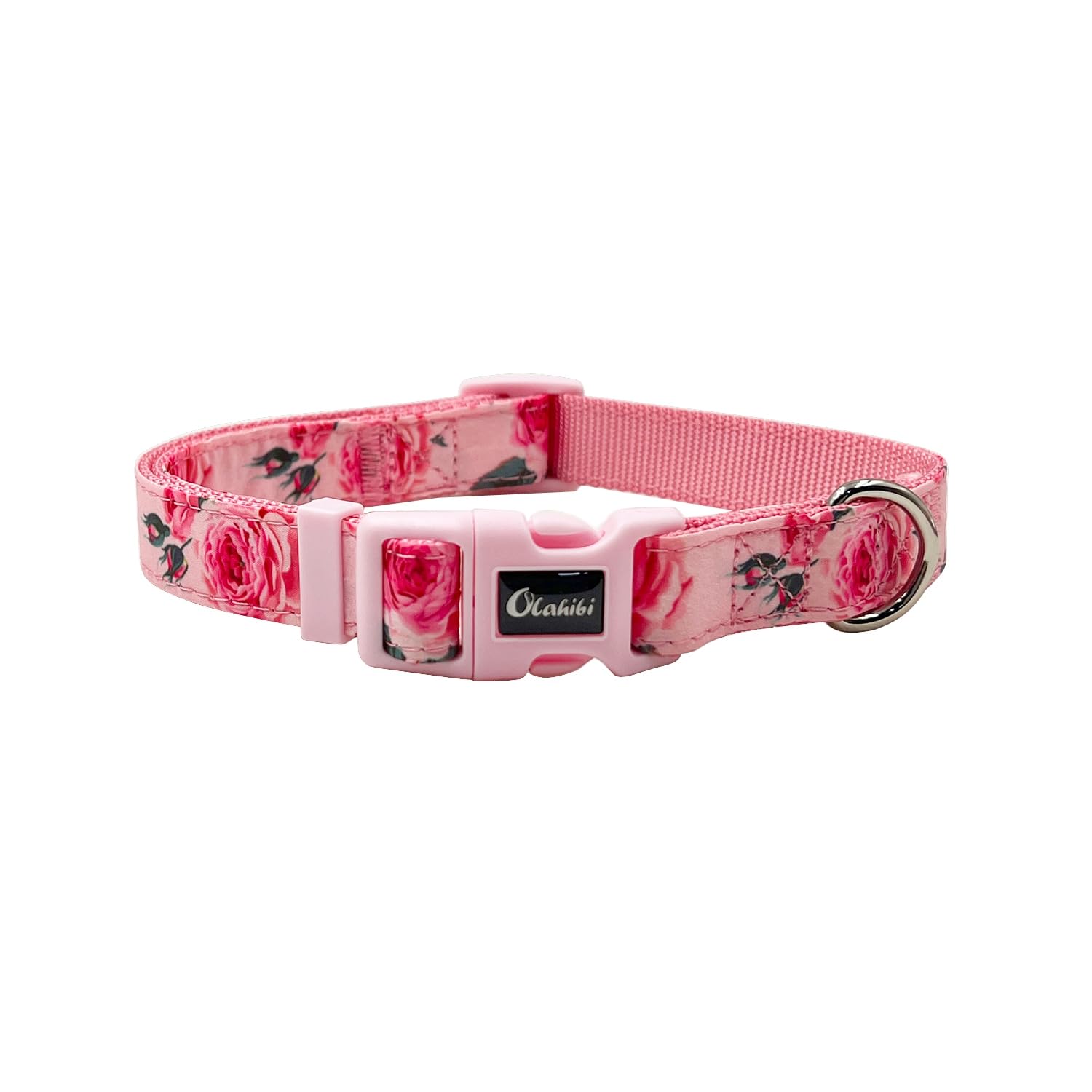 Olahibi Basic Dog Collar, Nylon Webbing Plus Cotton Ribbon, Rose Pattern, for Medium Dogs.(M, Pink Rose), Ribbon Rose Pink