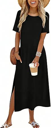 Zeagoo Summer Dresses for Women 2026 Maxi Dresses Vacation Sundress Short Sleeve Casual Sundresses Split Dress with Pockets
