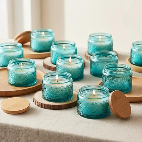 Paquete de 18 recipientes de vela de vidrio en relieve de 4 onzas con tapas y etiquetas de bambú, tarros transparentes para hacer velas, diseño de