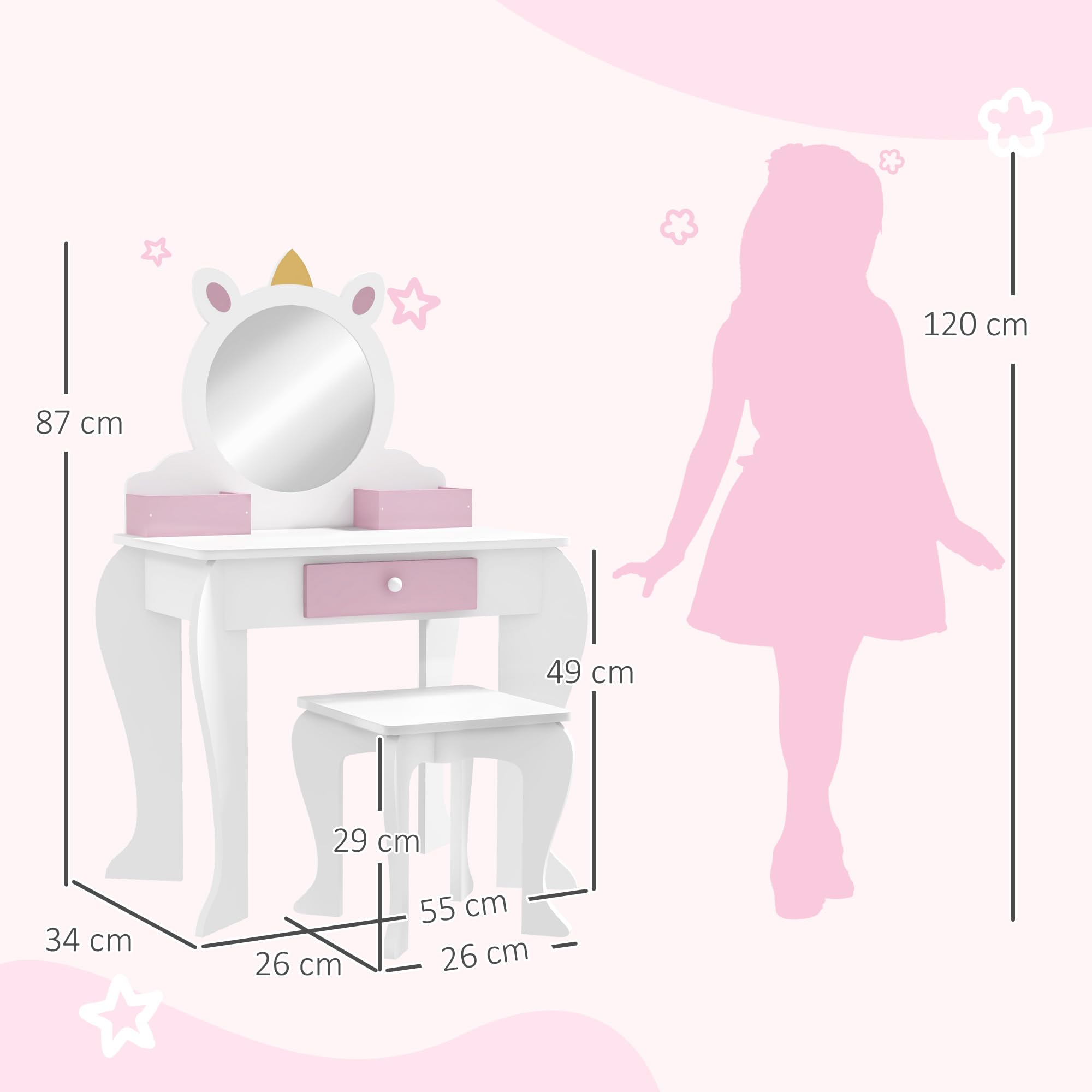 ZONEKIZ Tocador Infantil con Taburete y Espejo, Tocador para Niñas con Cajón, Compartimentos, Diseño de Unicornio, Mesa de Maquillaje para Niños y Niñas de 3-6 Años, Blanco