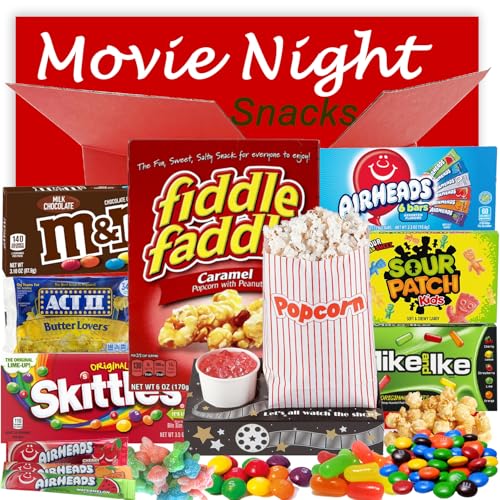 Movie Night Gift Basket Box | Caramel Popcorn, Butter Lovers, Sour Candy, Fruit Gummy, Milk Chocolate Theater Boxes Snack - Movie Tray & Bag | Care Package Date Night Birthday Student Kids (Large Box Pack, Original Variety Flavors) Valentine