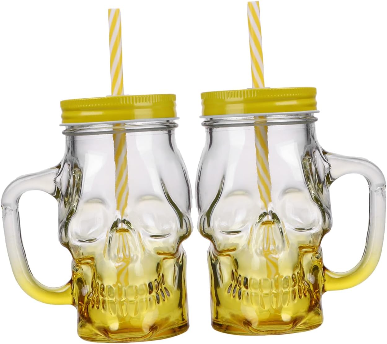 SHINEOFI Halloween Skull Glass Beer Mug Set 500ml Gradient Amber Glass Cups with Handle Lid and Straw 2pcs for Party Drinkware and Halloween Decoration Random Color