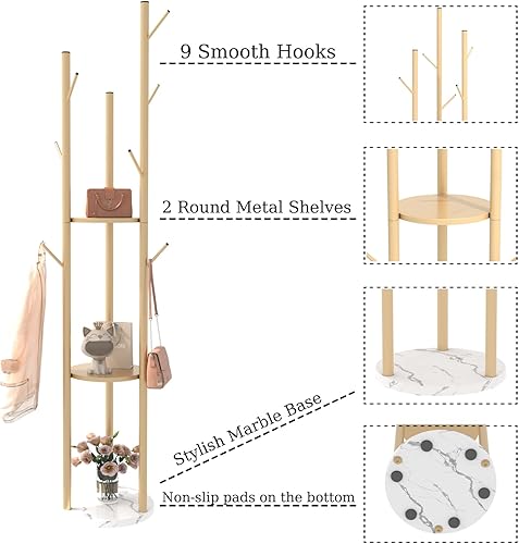 Miniatura 3 de TIEOU Perchero de metal, percheros dorados independientes con estantes y base de mármol, árbol de abrigo con 9 ganchos para bufandas, bolsas,
