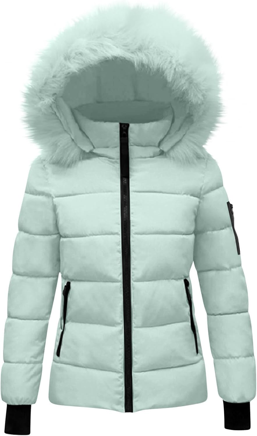 Womens Winter Coats Quilted Thicken Warm Puffer Ski Jacket Faux Fur Lined Hooded Waterproof Outdoor Comfy Down Jackets