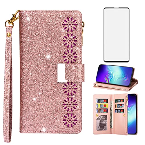 Housse portefeuille Samsung S10 5G pour vos sorties, style pailleté avec dragonne et miroir