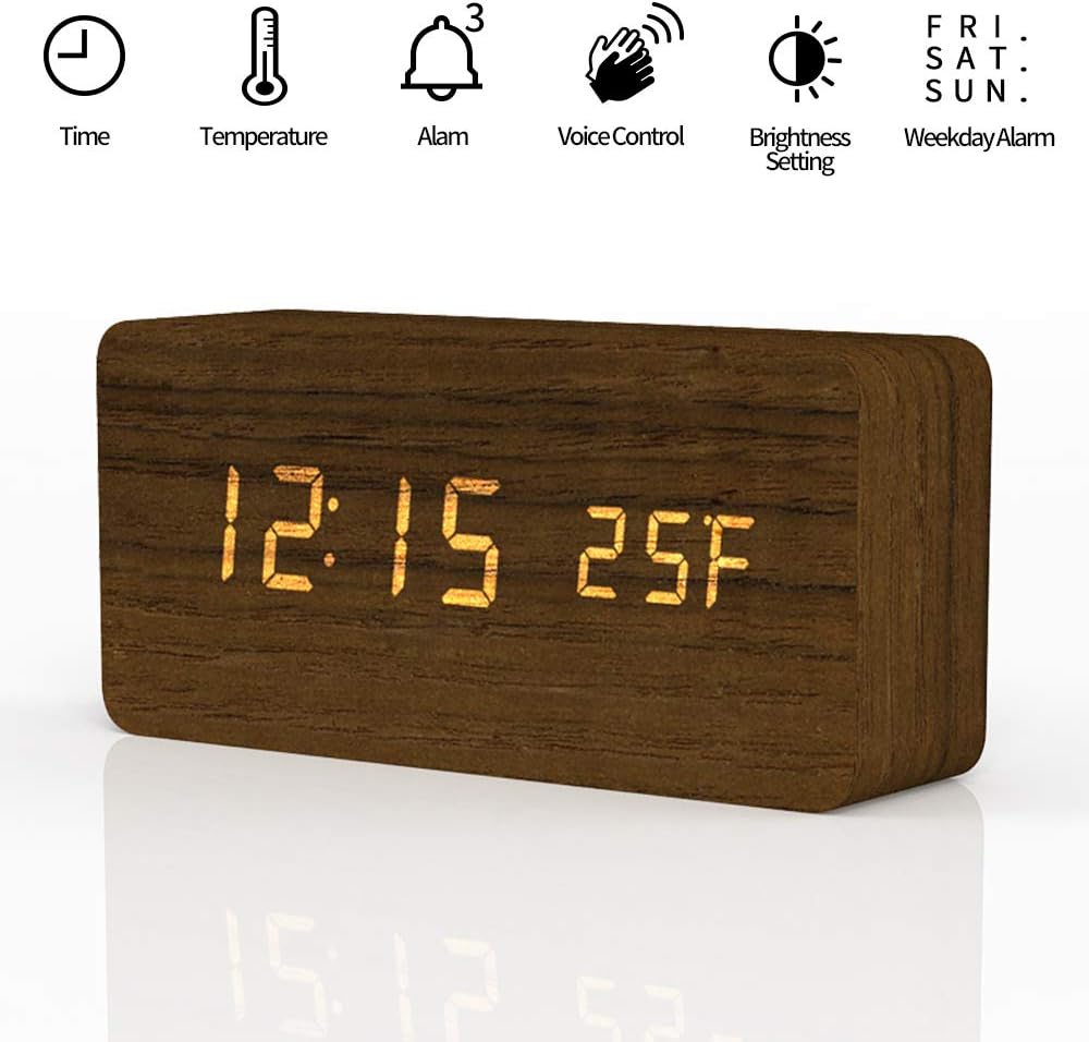 Kpin Wooden Digital Alarm Clock, Wood Fashion Multifunctional LED Alarm Clock with USB Power Supply, Voice Control, Timer (Brown1)