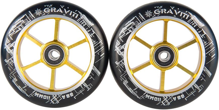 GRAVITI One Pair 110mm Pro Stunt Scooter Wheels with ABEC-9 Bearings CNC Metal Core (2pcs) (Black pu Gold core)