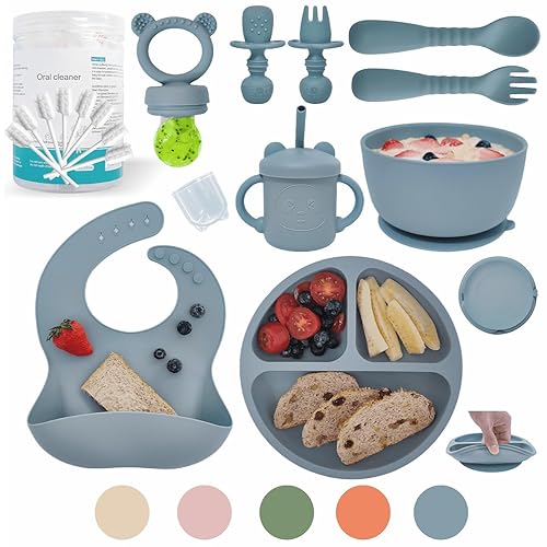 Remonda Suministros de destete LED para bebés, juego de alimentación de silicona para bebés, incluye ventosas y platos, utensilios para bebés,