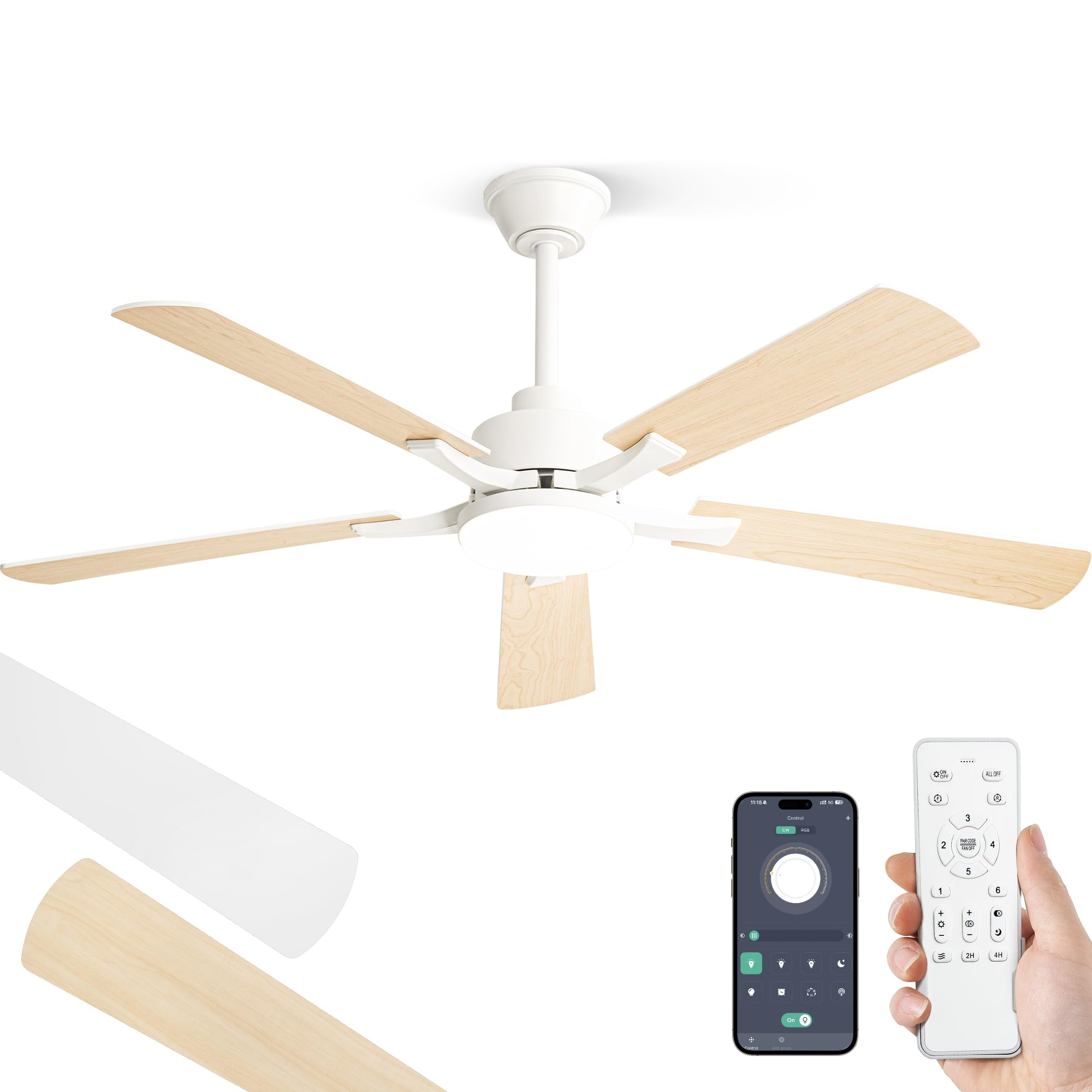 ZMISHIBO Silent Ceiling Fan, Ø132 cm Ceiling Fan with Light Control by Remote Control/APP,6 Speeds, 3 Colour Temperatures, Reversible DC Motor