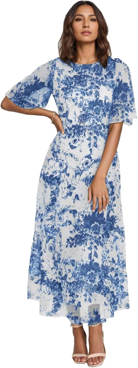 Flower Embroidery Tea Length Mother of The Bride Dresses Short Sleeves A-Line Formal Gowns for Prom Wedding Guest DR0590T