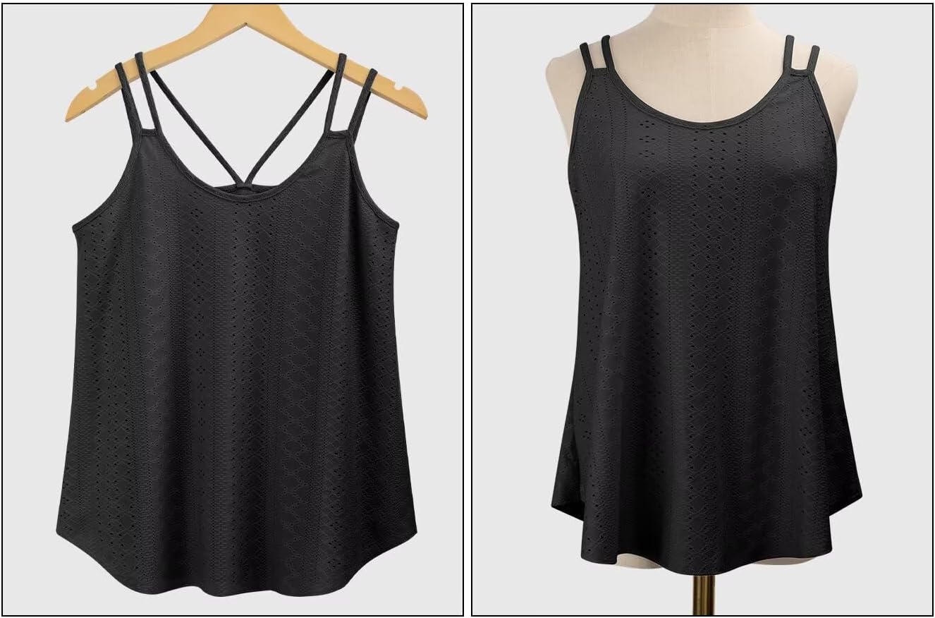 KKJ Womens Tank Tops Eyelet Crew Neck Sleeveless Spaghetti Strap Casual Loose Summer Beach Vacation 2025 Flowy Shirts Black - Image 4