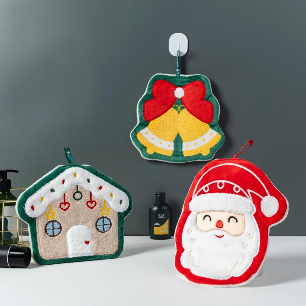 YiLUOMO Hand Towel Set of 3 Kitchen and Bathroom Super Absorbent Soft Hanging Towel Cute Decorative Embroidered Winter Holiday Design Dish Towels 10 X 6 Inch - Image 2