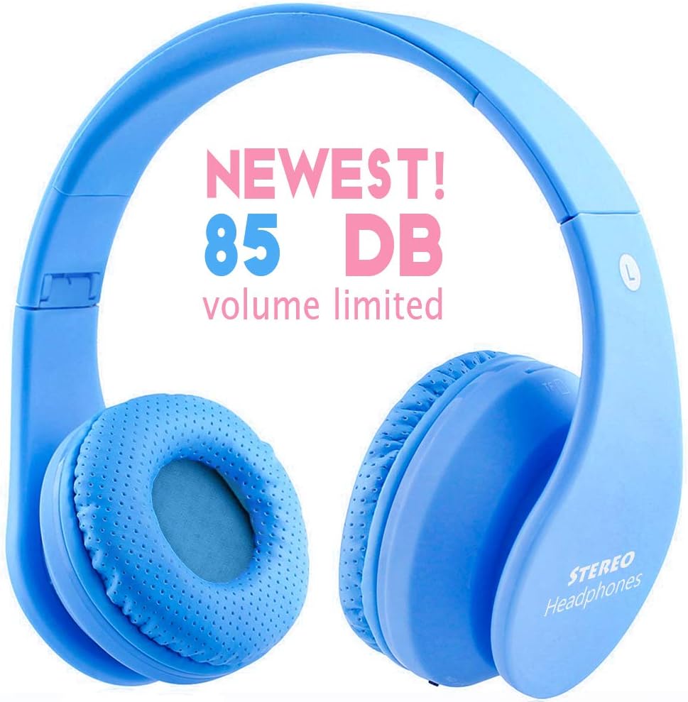 Newest! Kid Bluetooth Wireless Headphones Safe 85db Volume Limited, Long Lasting Playing, Foldable Stereo Over-Ear Headset Build-in Mic, Wired/Wireless Headphones for PC Tablet Kindle (Blue)
