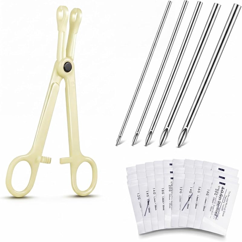 Kit Honoson com 100 agulhas para piercing em aço inoxidável, tamanhos 12G, 14G, 16G, 18G e 20G, e pinça Pennington com trava de 16 cm