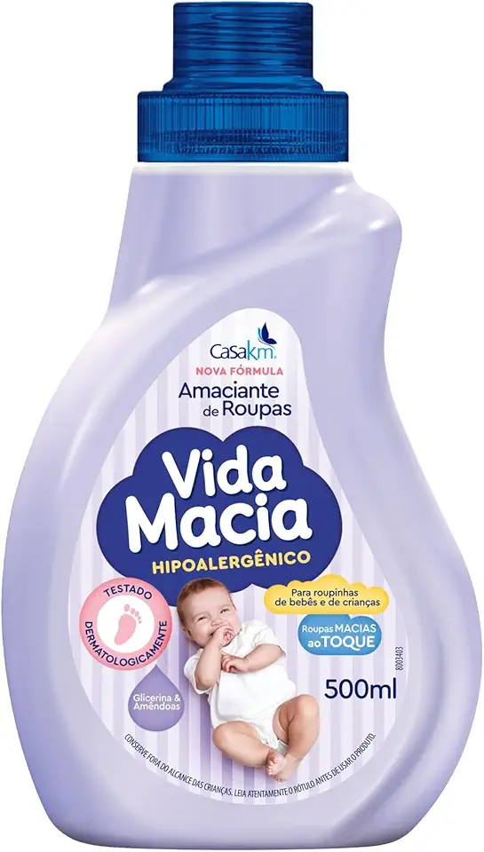 Amaciante de Roupa Infantil Bebê Vida Macia Casa Km (500 Ml, Glicerina & Amêndoas)