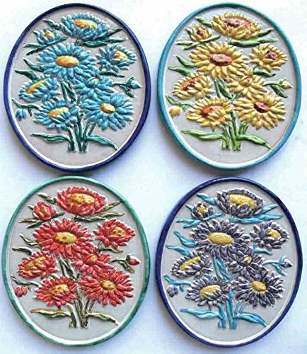 GIRASOLI PANNELLI A MURO (SET 4 PEZZI) IN CERAMICA DI VIETRI DIPINTI A MANO: ALTEZZA CM. 20, LARGHEZZA CM. 14 MATTONELLE PIASTRELLE PARETE TERRACOTTA