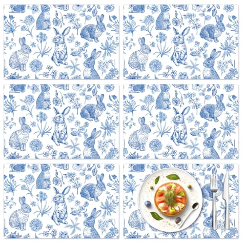 JarThenaAMCS 6 Pcs Blue White Easter Placemats Set Plastic Place Mat Retro Bunny Rabbit Flower Decorative Waterproof Table Mat for Spring Party Table Setting, 11 x 17 Inch