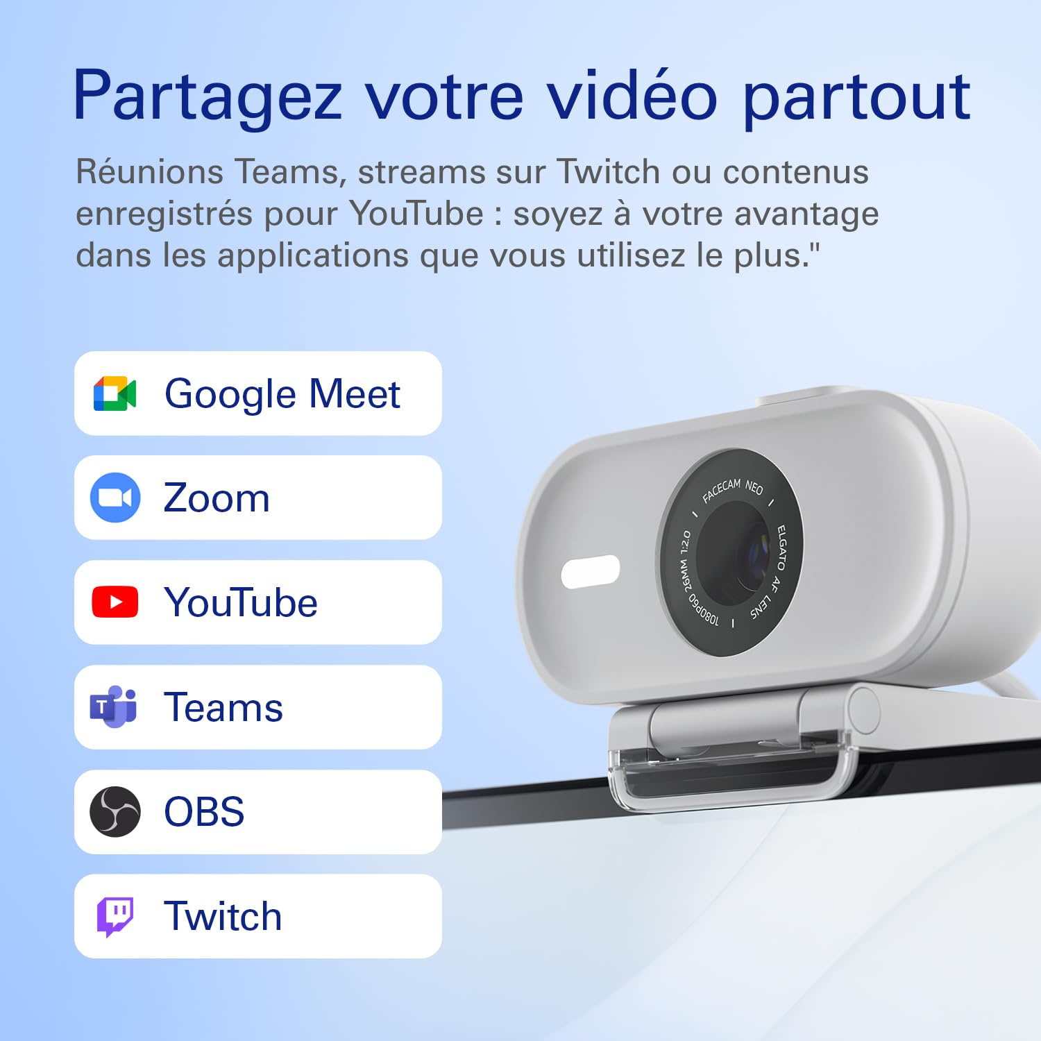 Elgato Facecam Neo Webcam Full HD avec bouchon de confidentialité et correction de lumière USB-C Plug-and-play PC/Mac
