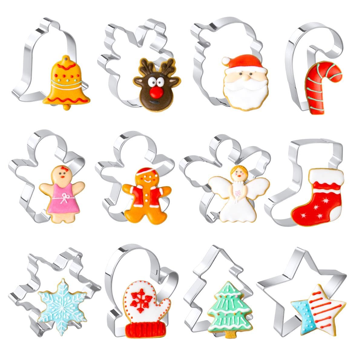 Juego de cortadores de galletas de Navidad, 12 piezas de acero inoxidable de metal, cortadores de galletas de Navidad, hombres de jengibre, árbol de Navidad, copo de nieve, bastón de caramelo, cara de