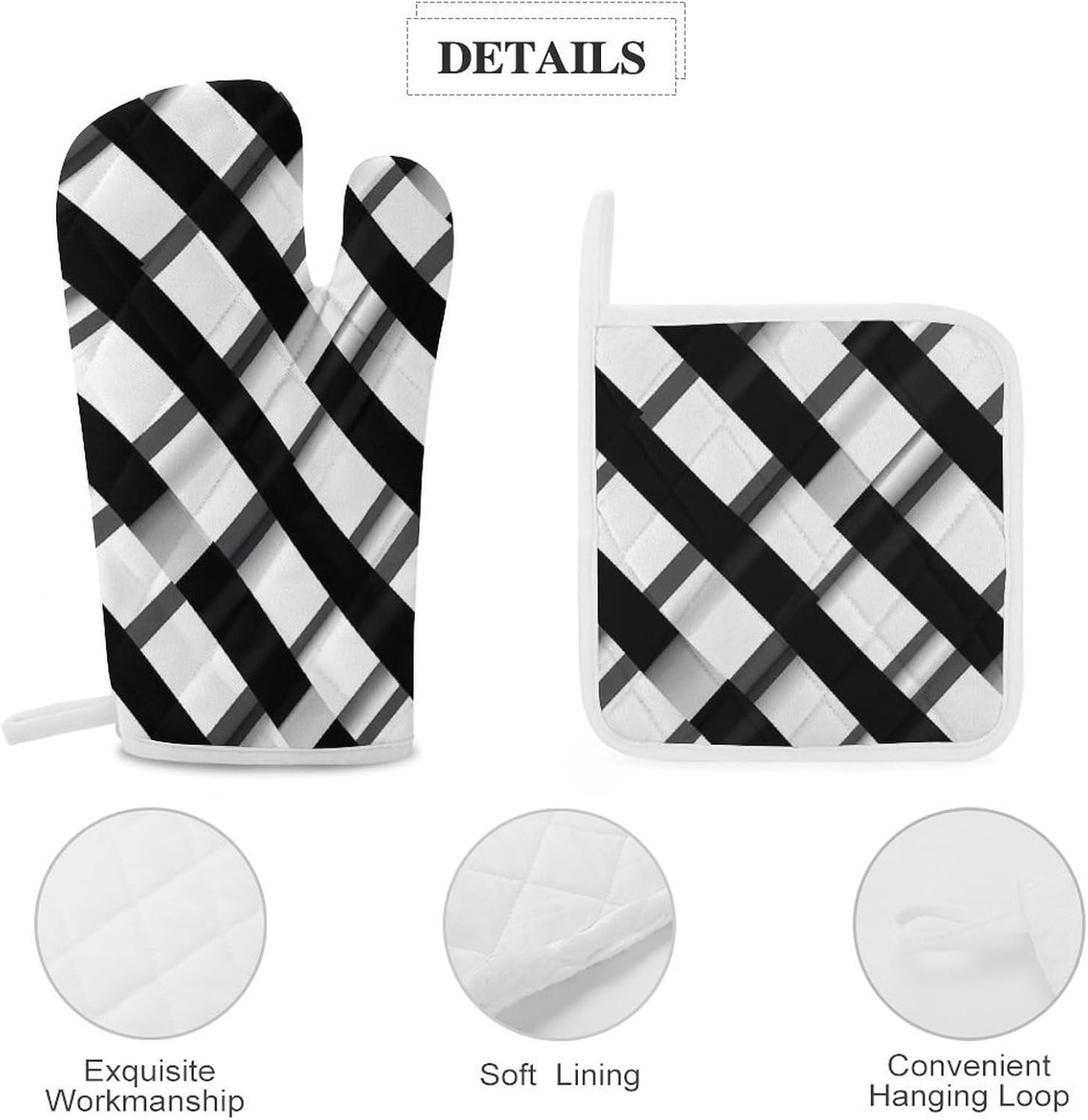 Black and White Checkered 4 Pcs Oven Mitts and Pot Holders Set High Heat Resistant Long Kitchen Oven Glove Potholders