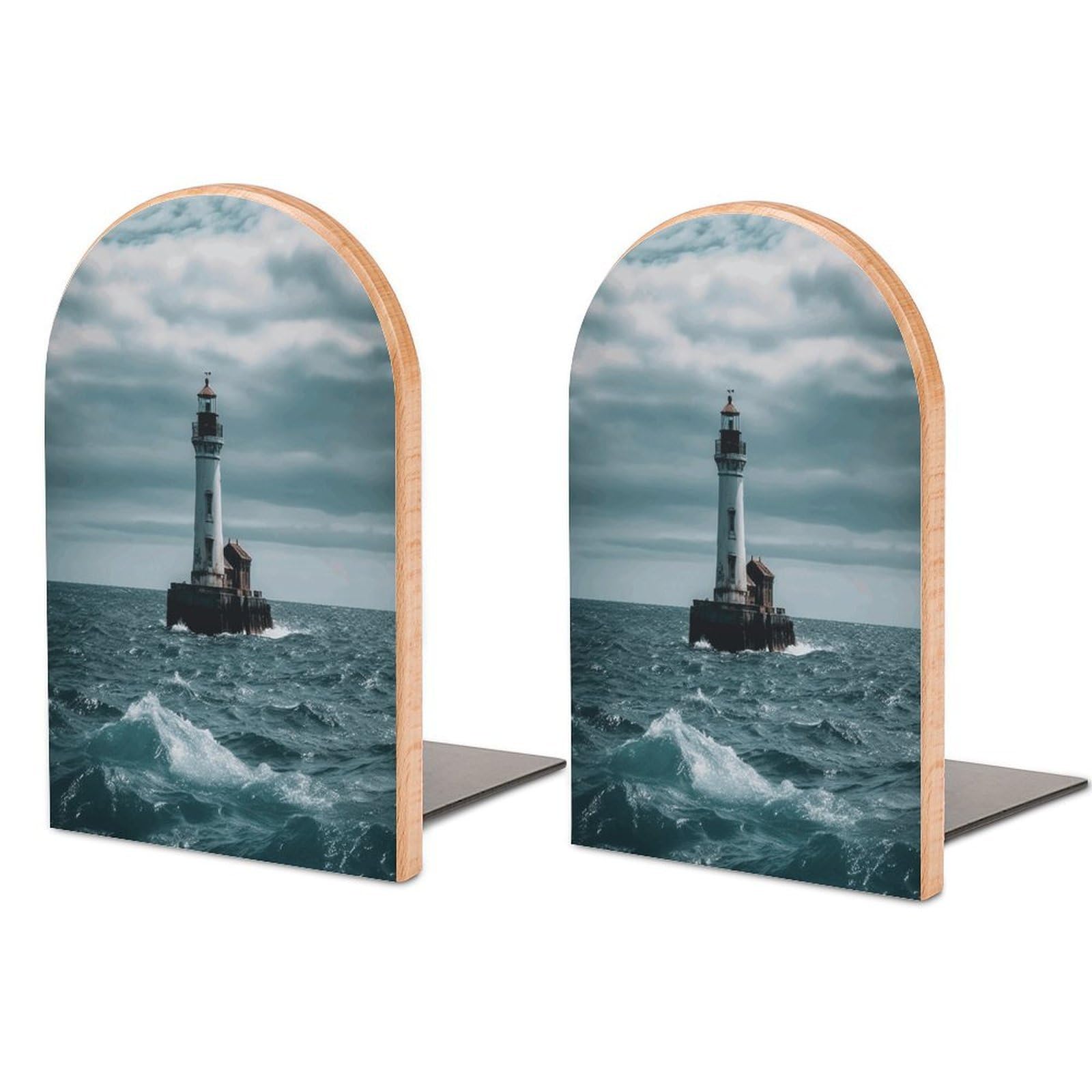 Lighthouse Ocean Bookends Modern Bookends for Shelves Fashion Heavy Duty Book Stopper Sturdy Non-Skid Metal Base Wood Book Ends for Library Home Office 1 Pair