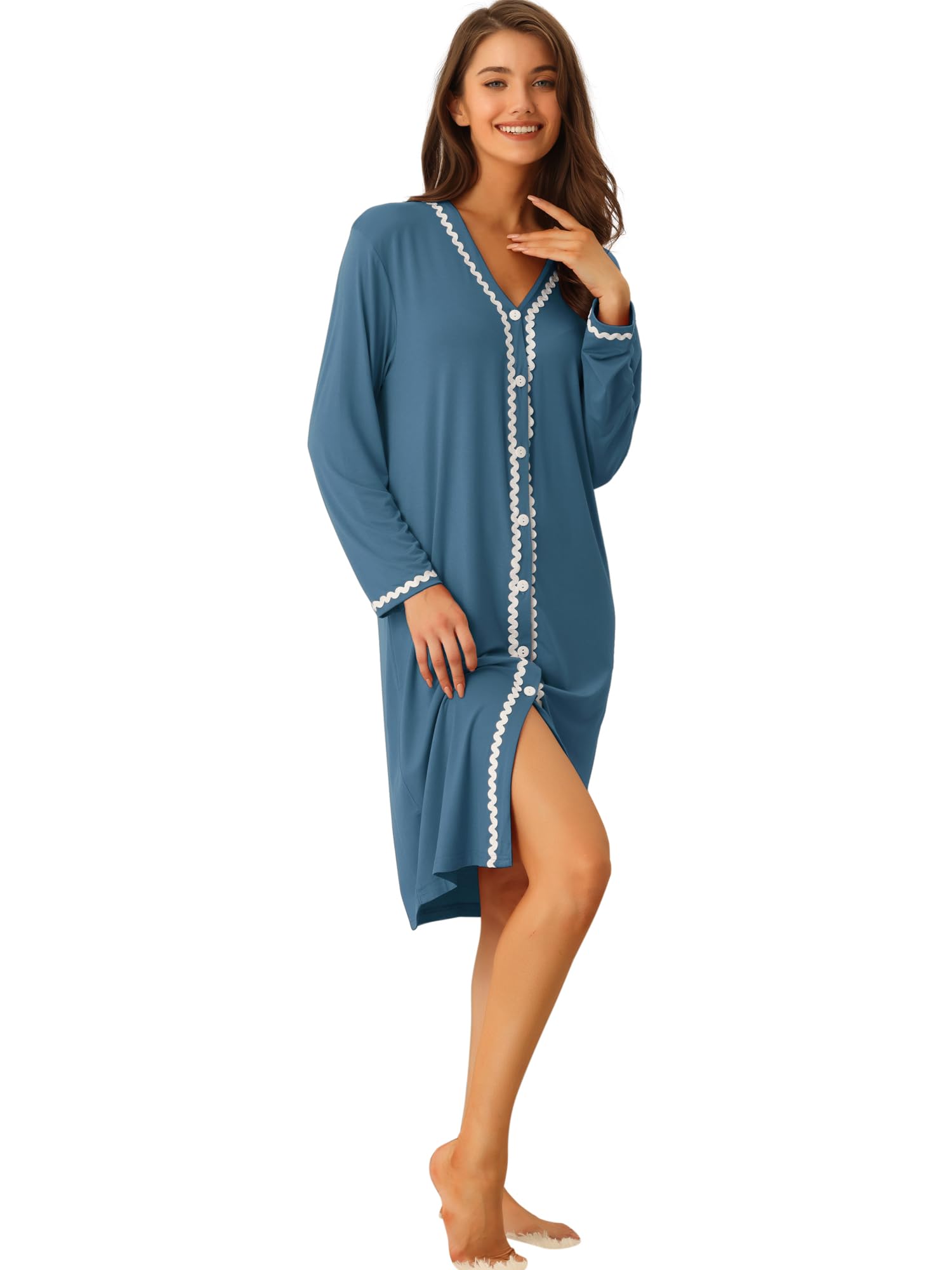 Cheibear Women's Blue Nightshirt Button Down Nightgown Long Sleeve Pajama Dress Sleepshirt S