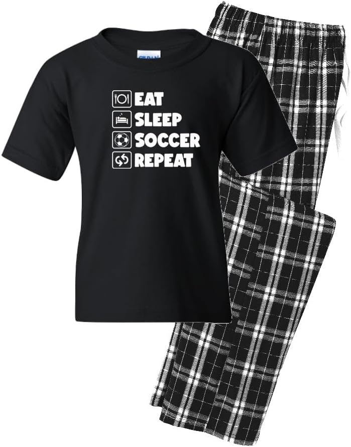 Studio 9Thirty3 Youth Soccer Lounge Set – “Eat Sleep Soccer Repeat” T-Shirt + Soft Plaid Flannel Lounge Pants