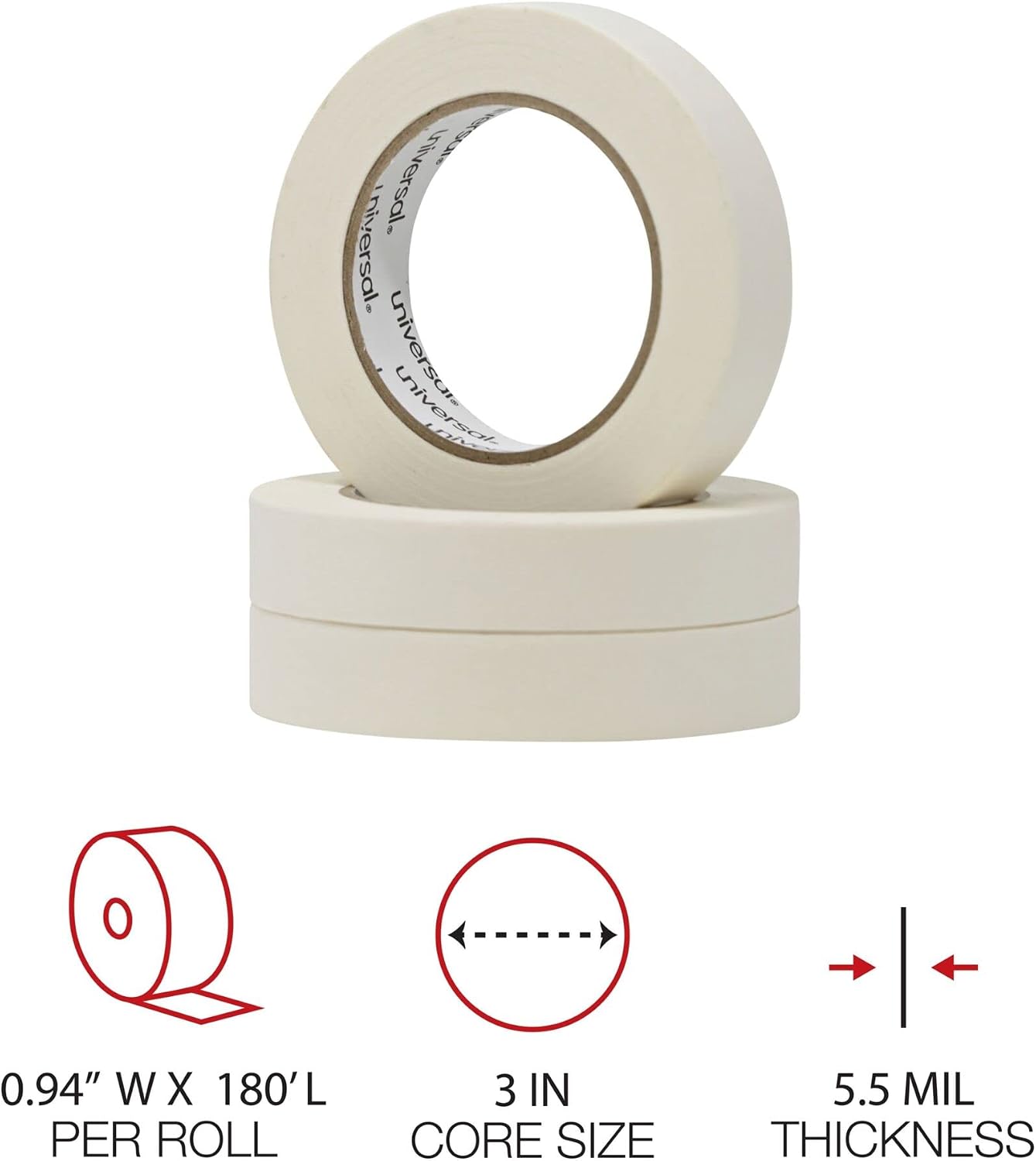 Universal General Purpose Masking Tape, 24mm x 54.8m, 3" Core, 3/Pack (51301)