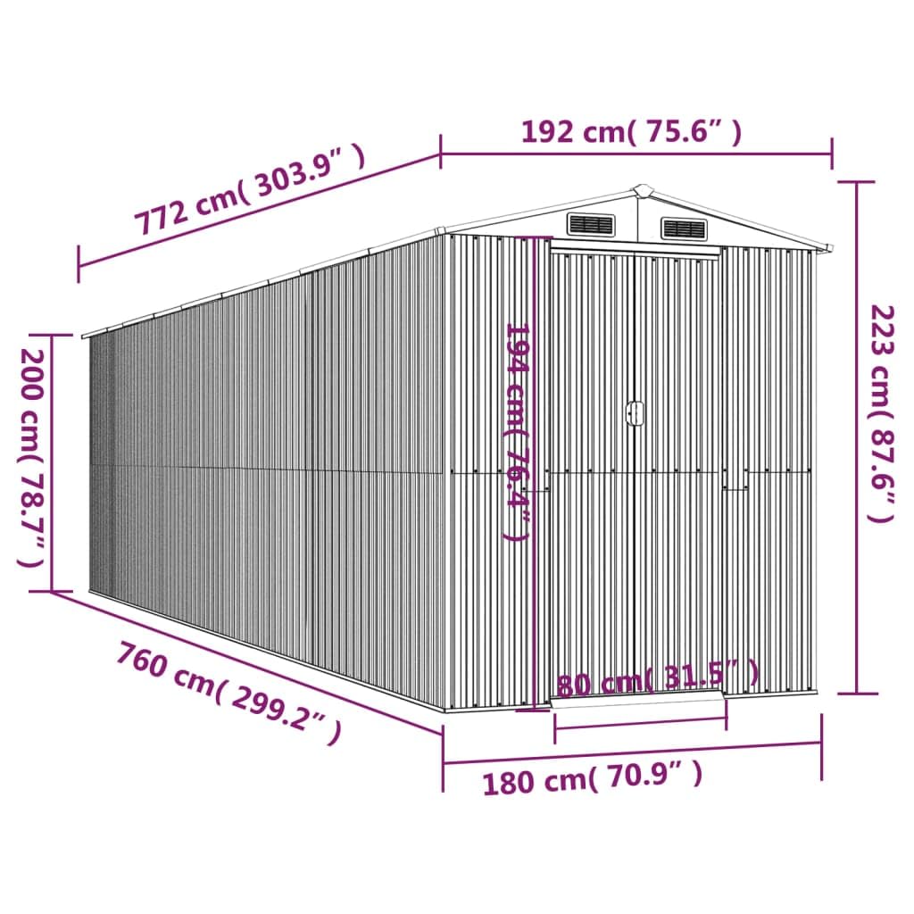 Caseta para herramientas, color gris claro, 192 x 772 x 223 cm, de acero galvanizado, resistente a la intemperie y al agua, con puerta con cerradura para almacenamiento seguro en el jardín