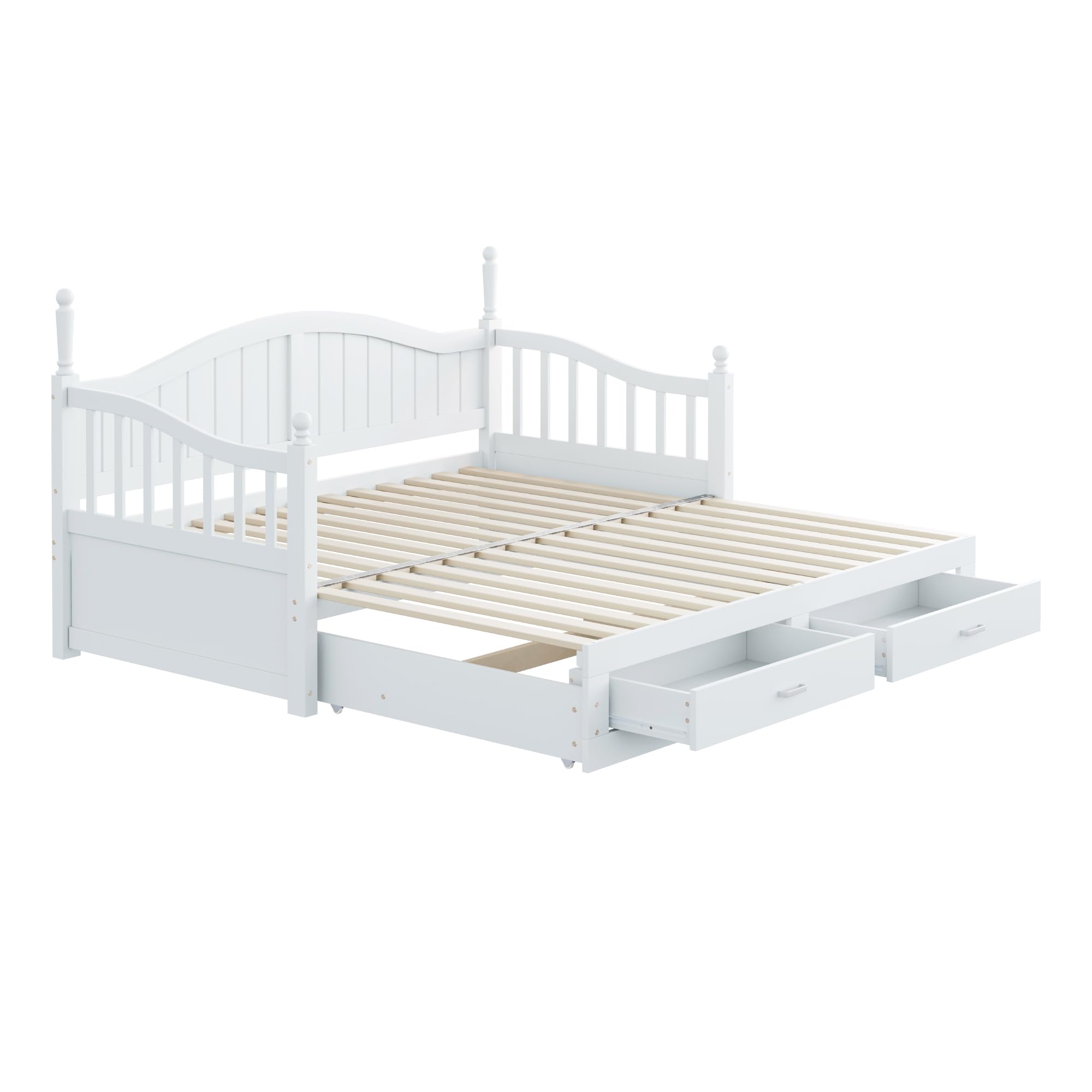 Kebnor Sofá cama extensible de madera maciza 90/180 x 190 cm, con columnas romanas, con respaldo y reposabrazos curvados, con cajones y somier (blanco)