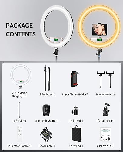 Miniatura 6 de Anillo de luz LED plegable de 22 pulgadas con soporte súper para teléfono, anillo de luz regulable para selfie con soporte de trípode de 75