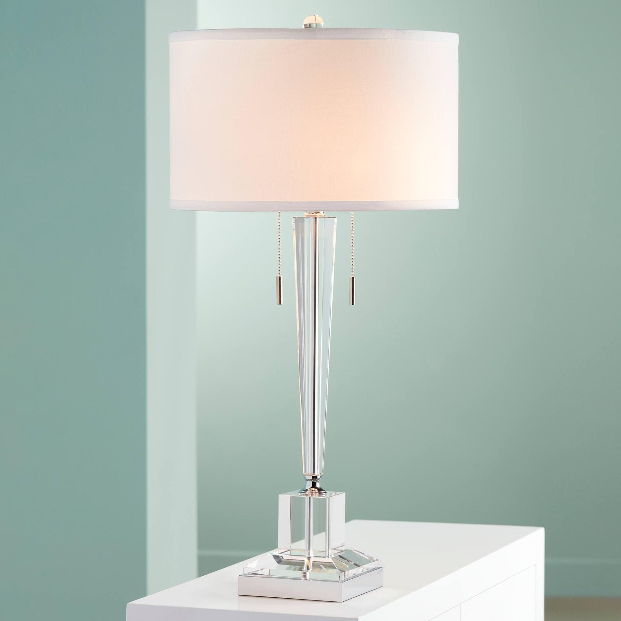 Vienna Full SpectrumRenee Modern Art Deco Table Lamp 30 1/2" Tall Clear Crystal Glass Tapered Column White Drum Shade for Bedroom Living Room House Bedside Nightstand Home Office Entryway Family