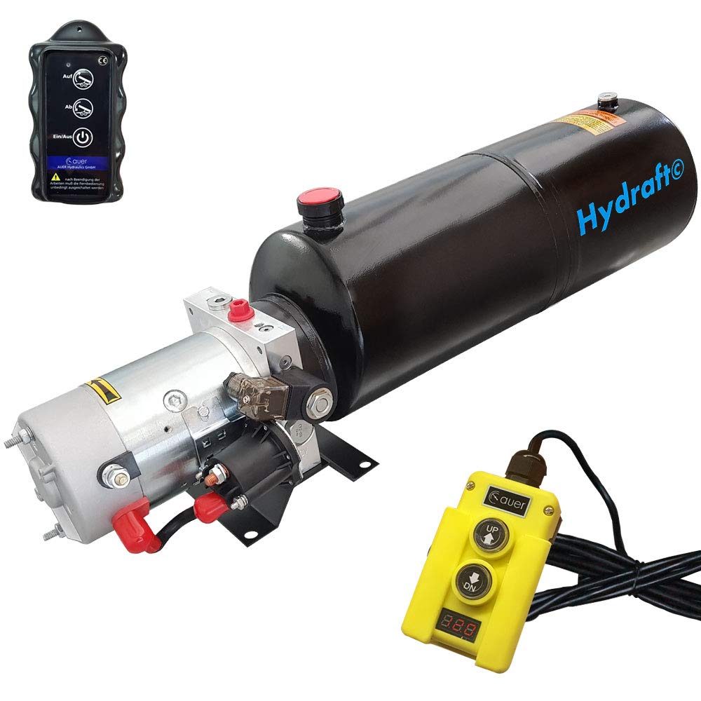 Hydraulikaggregat, Hydraulikpumpe 12 V 180 bar 2000 Watt mit 12 Liter Stahltank und Kabelfernbedienung (1 x Funkfernbedienung)