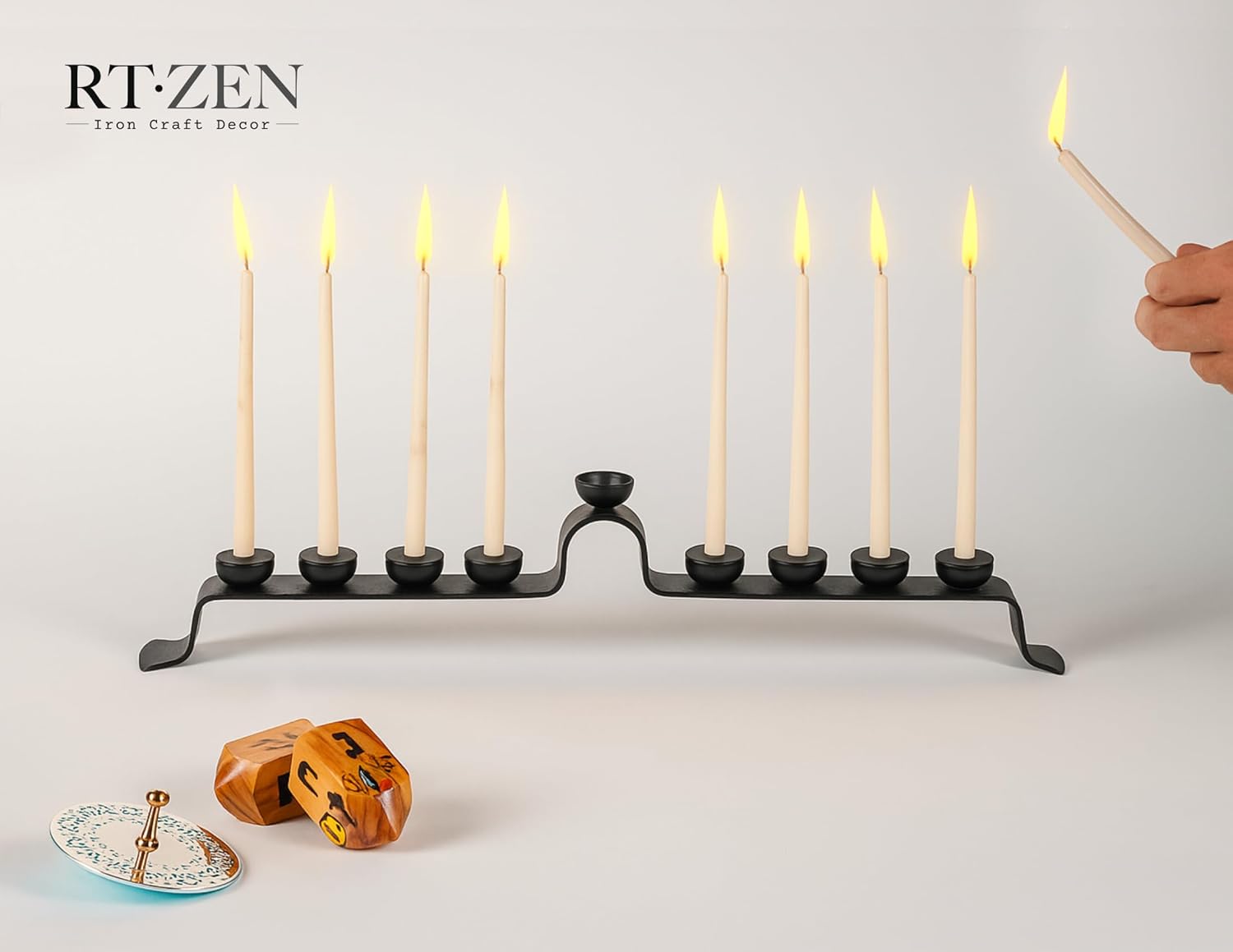 RTZEN Hanukkah Menorah 9 Branch - Large Wrought Iron Menorah Candle Holder - Handmade, Kosher, Fits Various Candle Sizes - Made to Last - Unique Black Menorahs for Chanukah