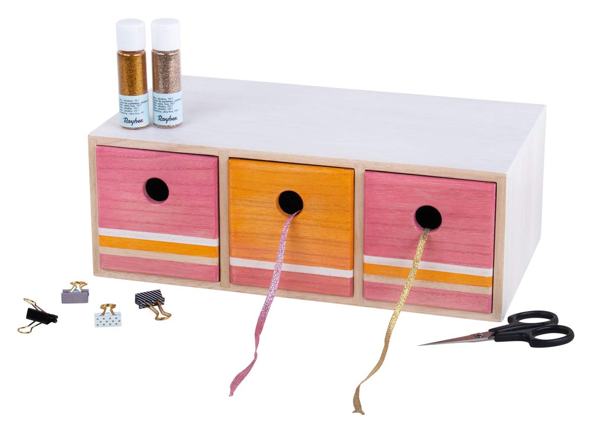 Rayher Cassettiera Mini In Legno con 3 Cassetti, Legno Naturale Non Trattato, 32 x 18 x 11.5 cm, per Piccoli Oggetti, Cancelleria, da Colorare e Decorare, 62909505