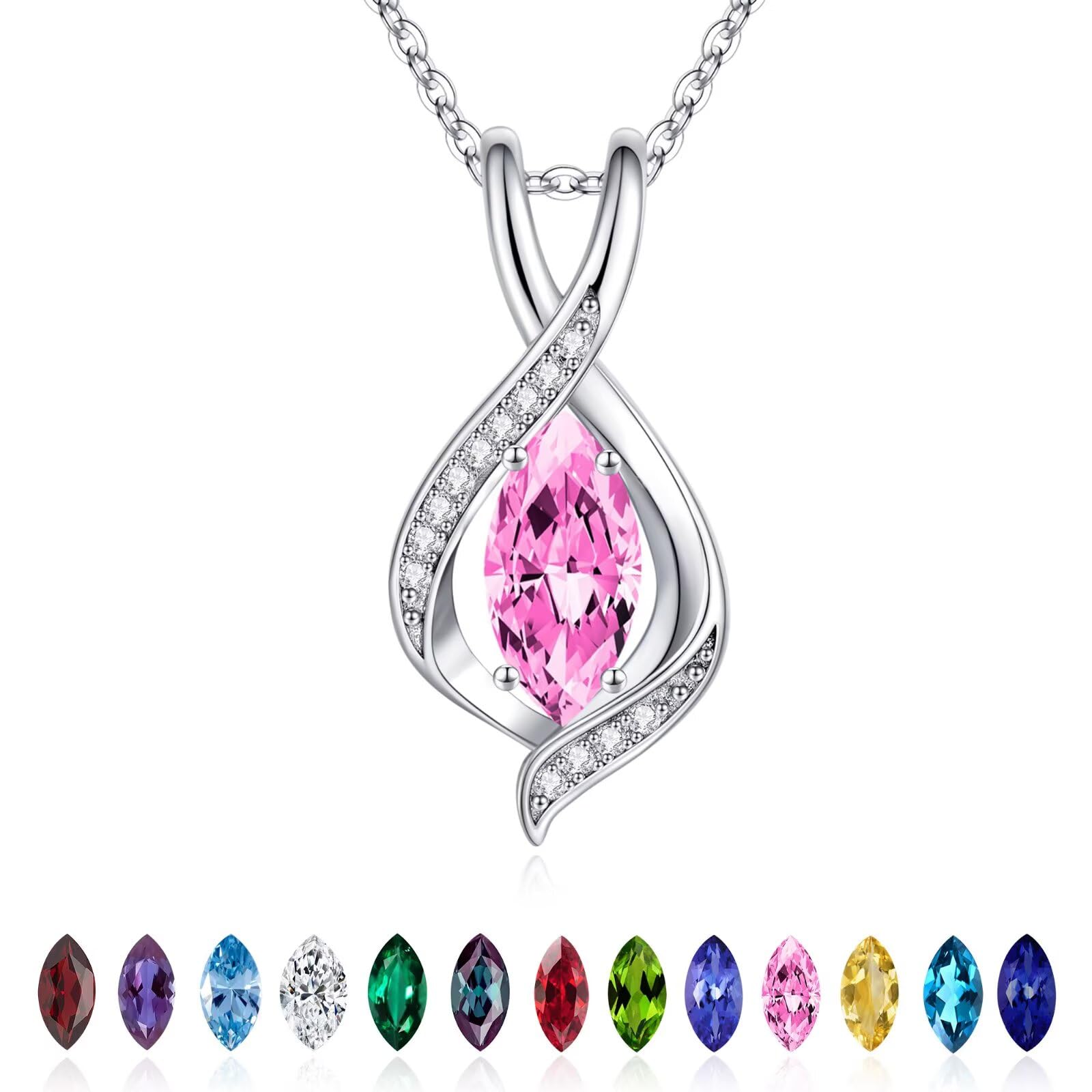 Iefil Valentines Day Gifts for Her, 925 Sterling Silver Marquise Birthstone Necklace Birthday Gifts Dainty Necklaces Birthstone Jewelry for Wife