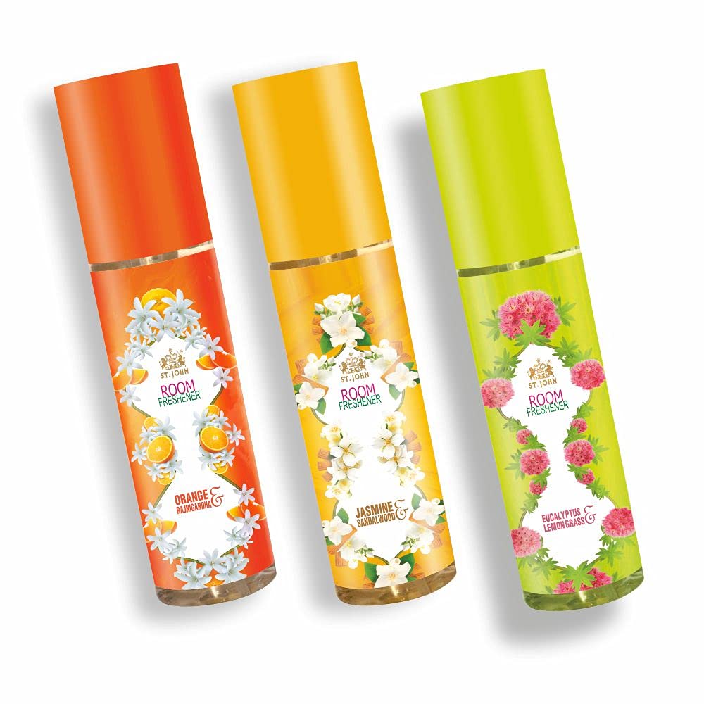 ST. JOHN COBRA Room Freshener with Long Lasting Upto 24 Hrs Fragrance Spray, Orange and Rajnigandha, Jasmine and Sandalwood, Eucalyptus and Lemongrass, Combo 250 ml x 3 (Pack of 3)