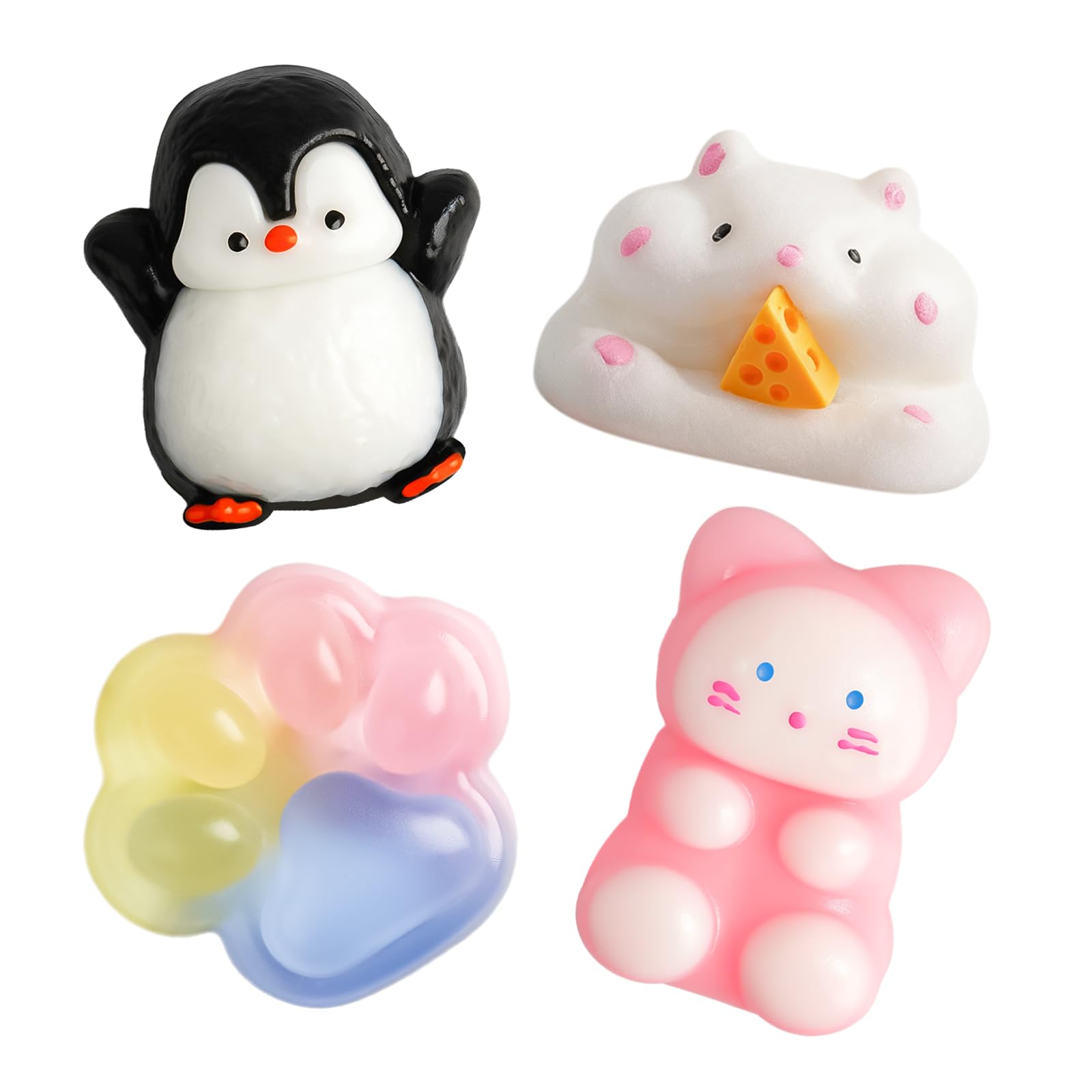 Taba Squishy Set, MAIGELITE 4Pcs Squeeze Toy Cat Paw Penguin Hamster Fufu for Stress Relief Fidget Squishy Toys Novelty Gifts for Birthday Easter Party Bag Fillers