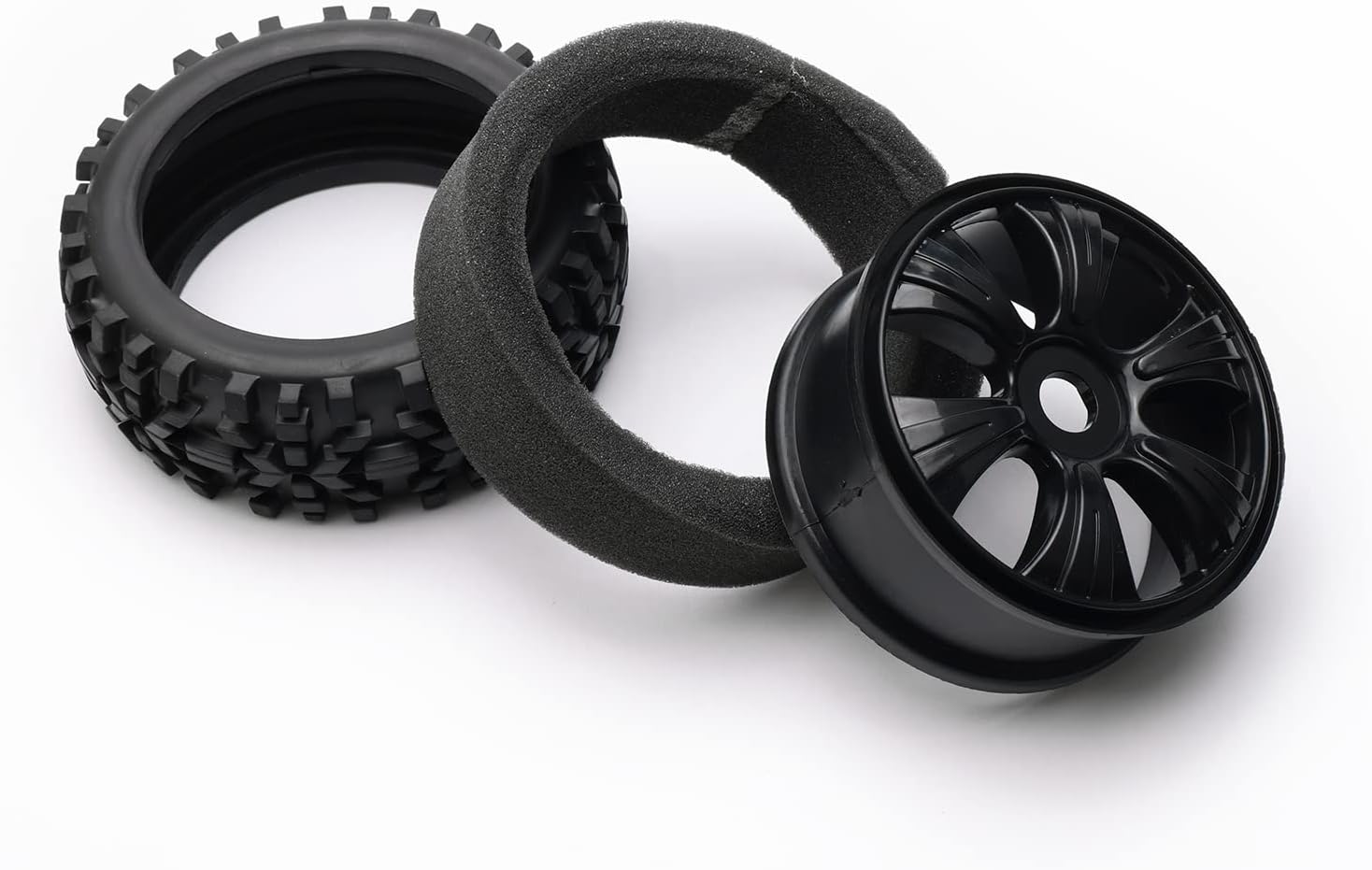 Black 1:8 RC Tyre All Terrain Tires & Plastic Wheel Rim for Off-Road Buggy Replacement Pack of 4