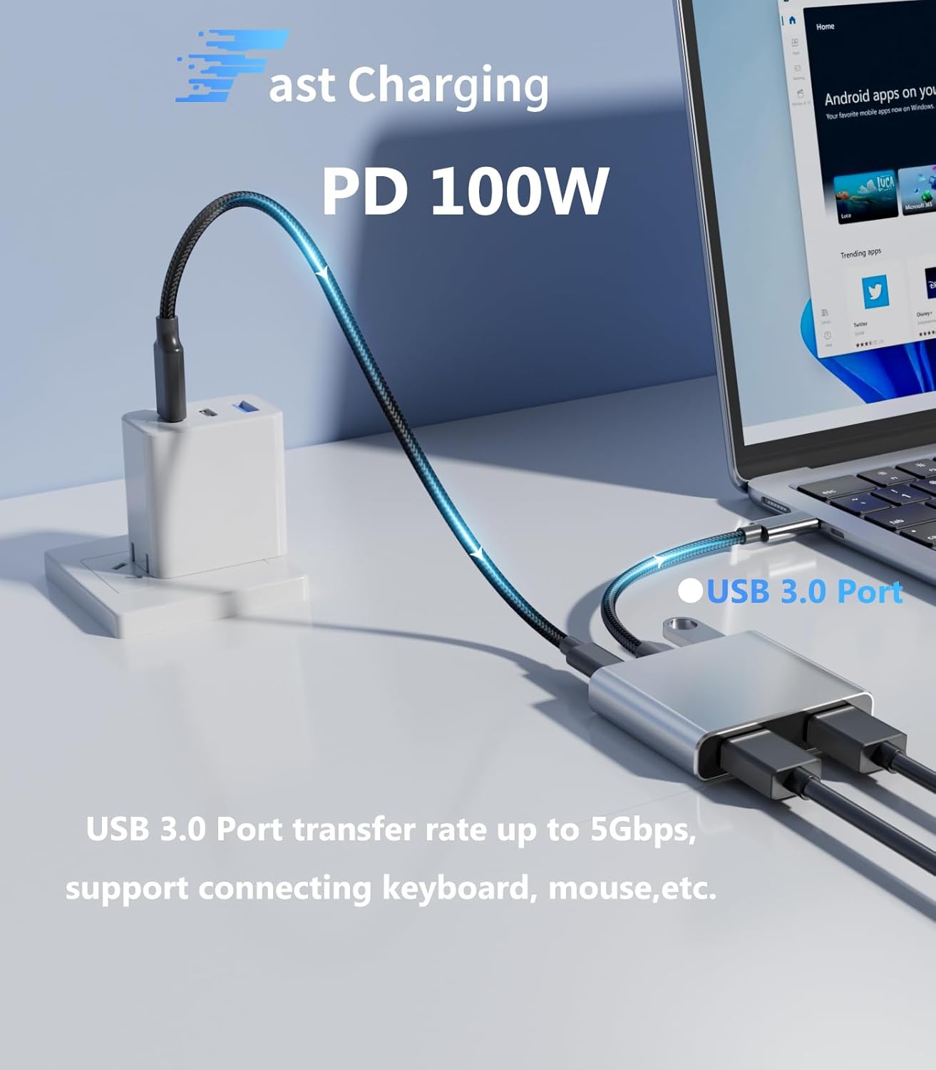 SWITCHFLUX adapter connected to a laptop, with a USB-C power adapter plugged into the PD 100W port and a USB 3.0 device connected.