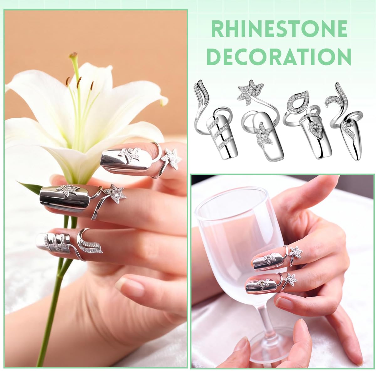 4Pcs Silver Rhinestones Womens Finger Nail Rings Metal Fingertip Protective Nail Rings Opening Nail Cover Ring Fingernails Ring Art Charms Accessories