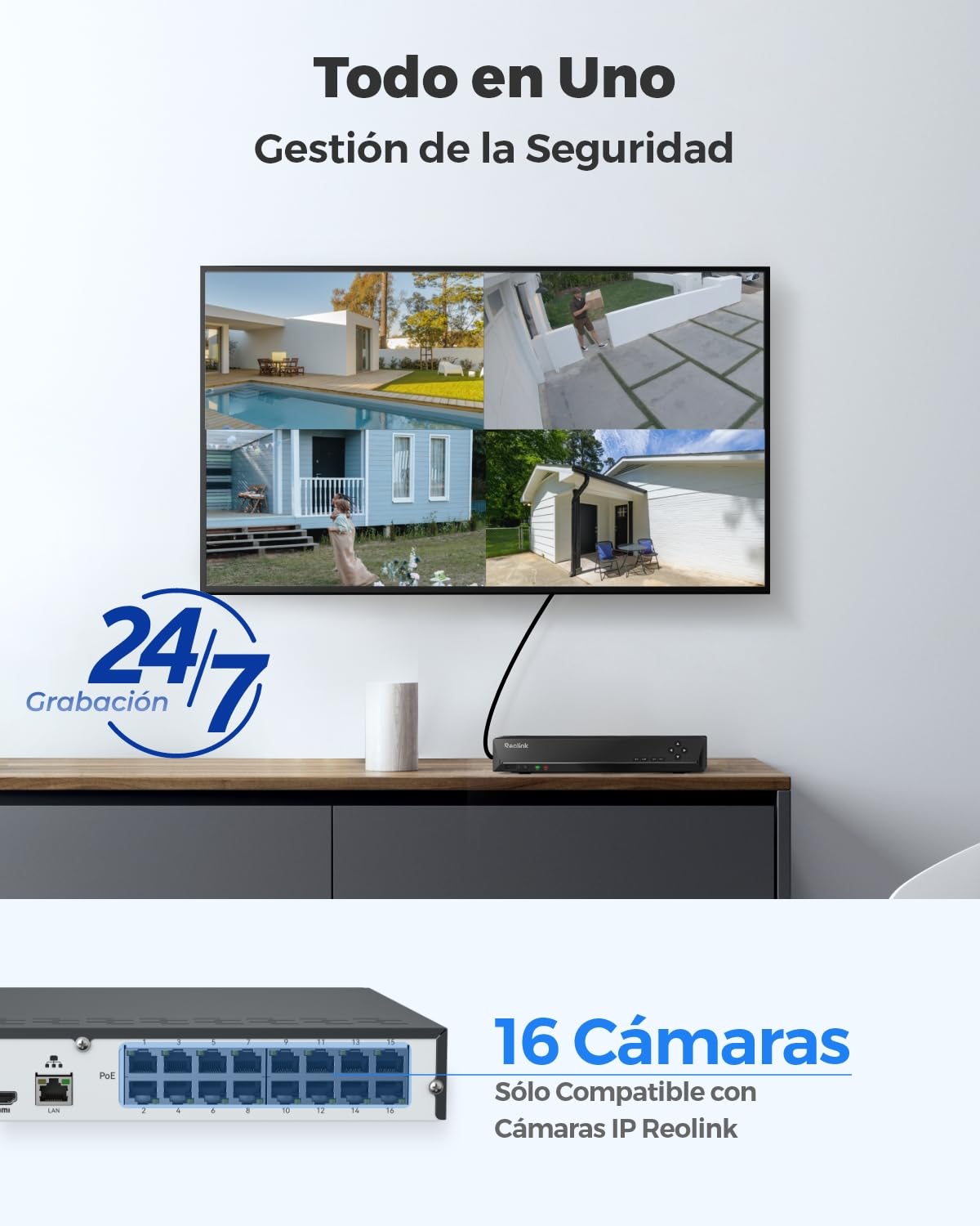 Reolink 16 Canales 4K PoE NVR, Sistema de Cámara Vigilancia IP con 4TB HDD Hogar Grabador de Video Red Soporte 16MP/12MP/8MP/5MP /4MP/1080P /720P HD Cámara de Seguridad Exterior, RLN16-410