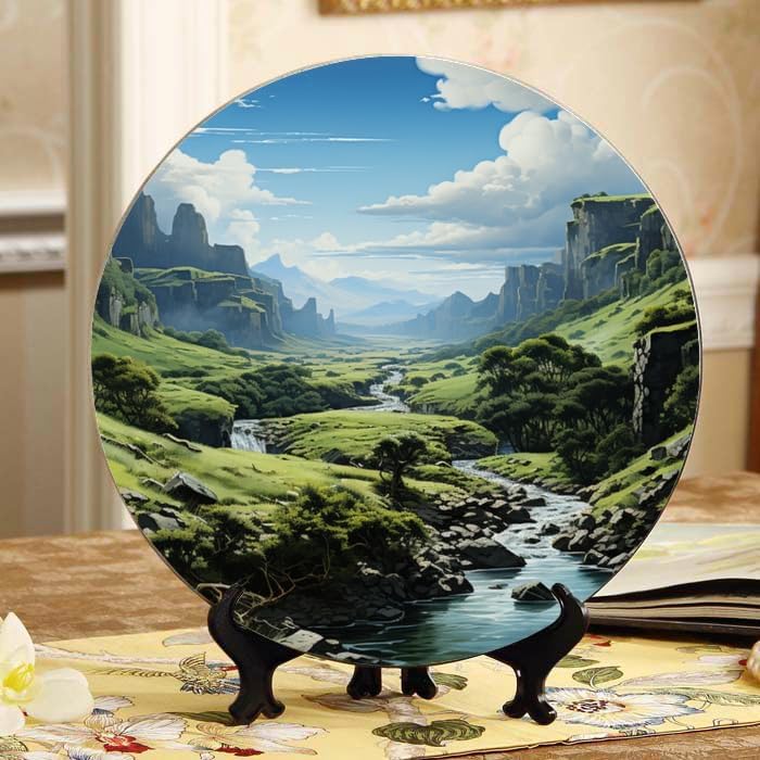 Landscape Painting 10-inch Ceramic Plate for Wall Display or Tabletop, with Stand & Hook DP-892642326